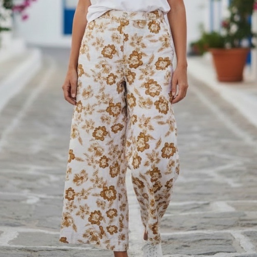 Marc New York Andrew Marc Floral Wide Leg Linen Blend Pants Mustard White XS